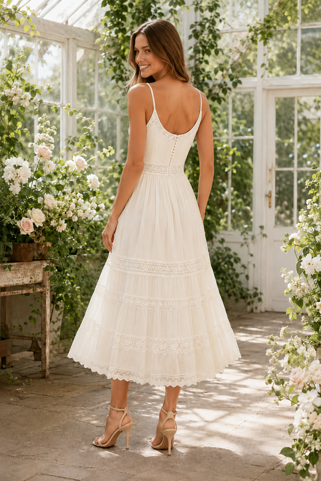 Scoop Neck Strap Tea Length Beach Wedding Dress with Tiered Skirt and Button Front back view