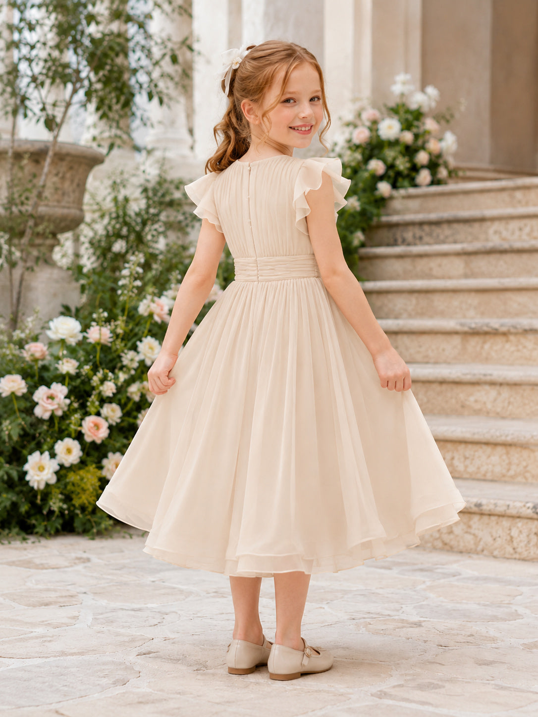 Champagne Romantic Elegant Chiffon Jewel Neck Petal Sleeve Ruched Tea-Length A-Line Garden Flower Girl Dress back view