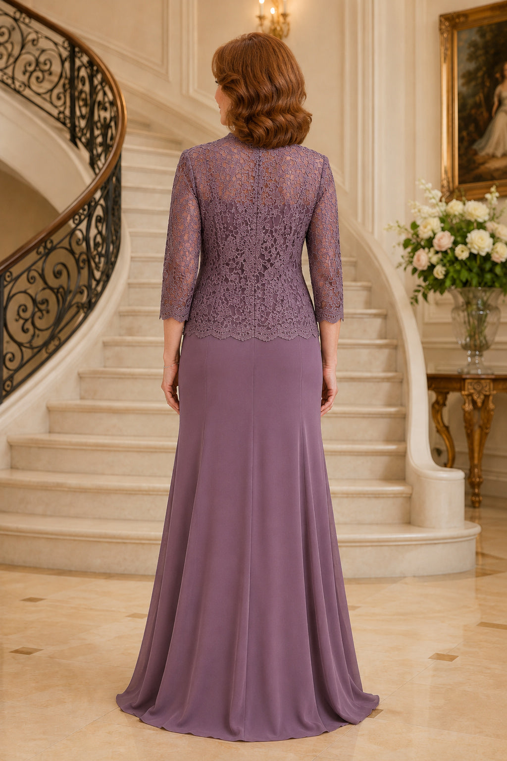 Mauve Chiffon Sheath Mother Dress with Lace Jacket and Draped V-Neck Bodice back view