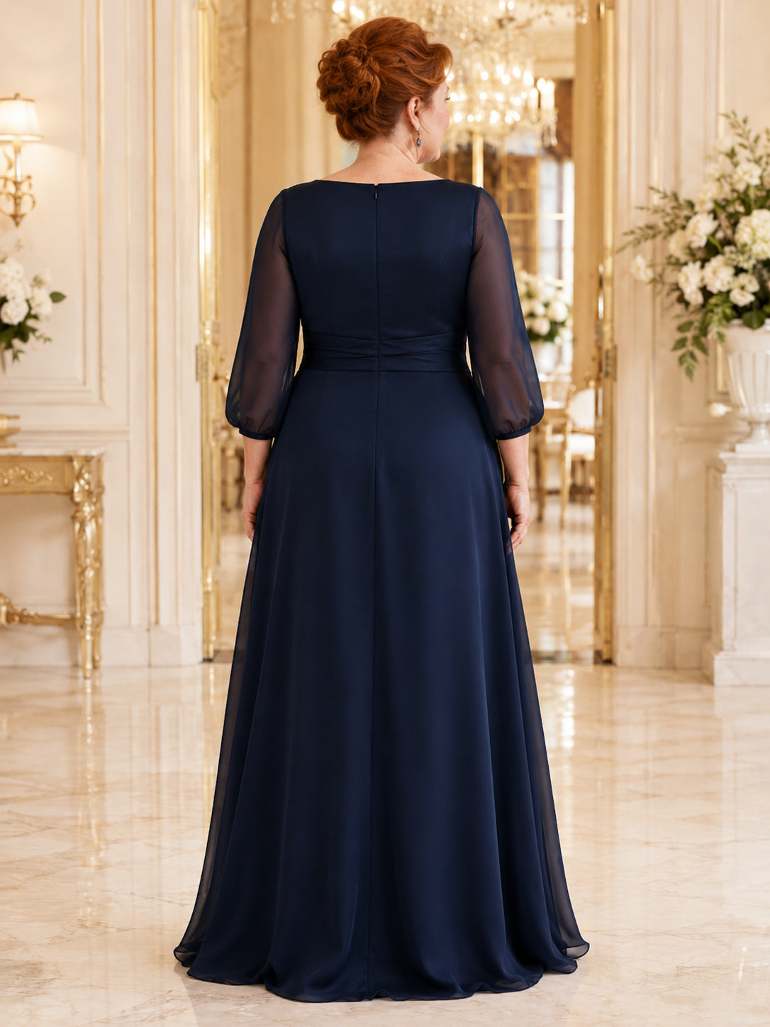 Plus size navy long sleeve chiffon A line mother gown back view