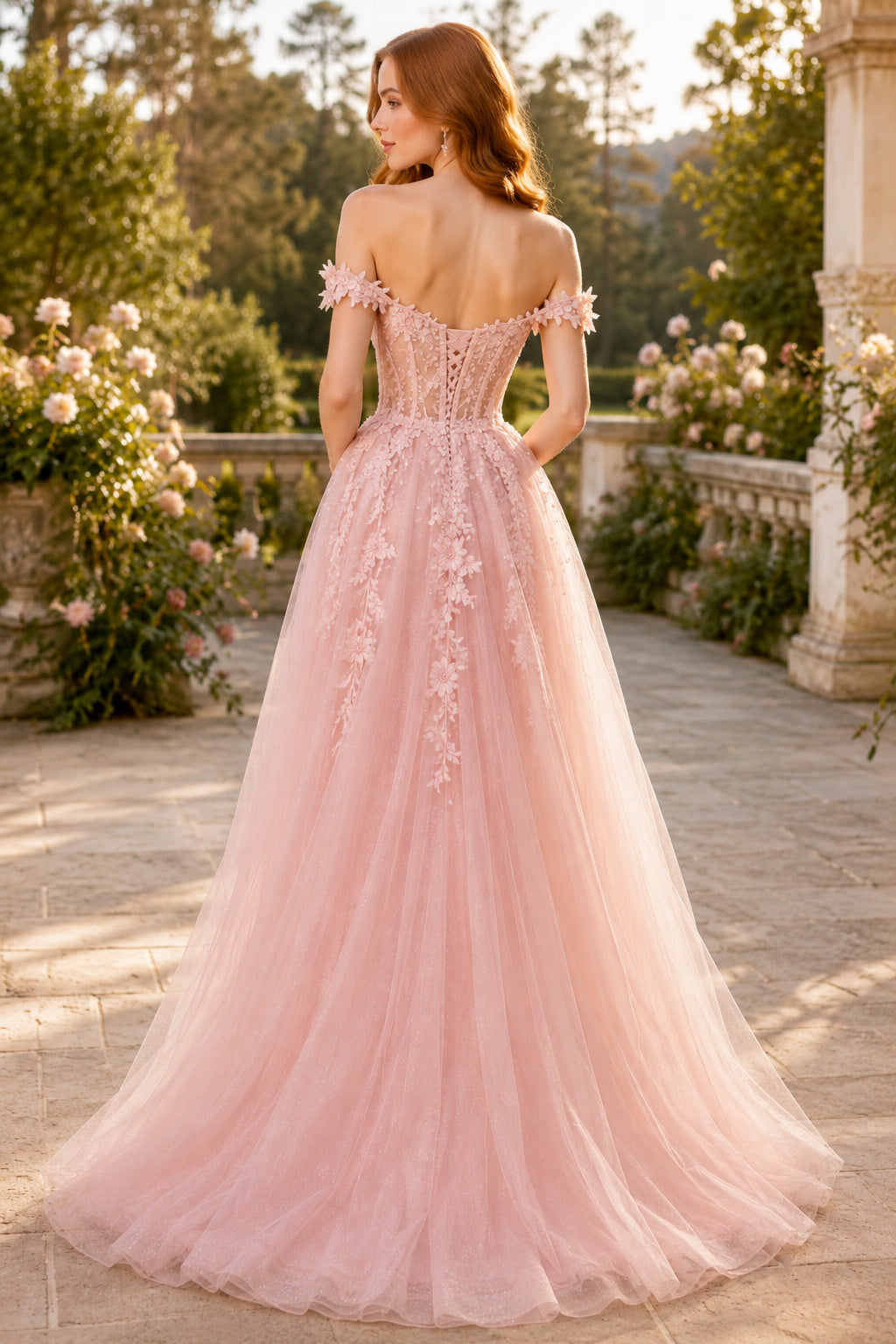 Blushing Pink Off-the-Shoulder Floral Applique Tulle A-Line Prom Gown back view