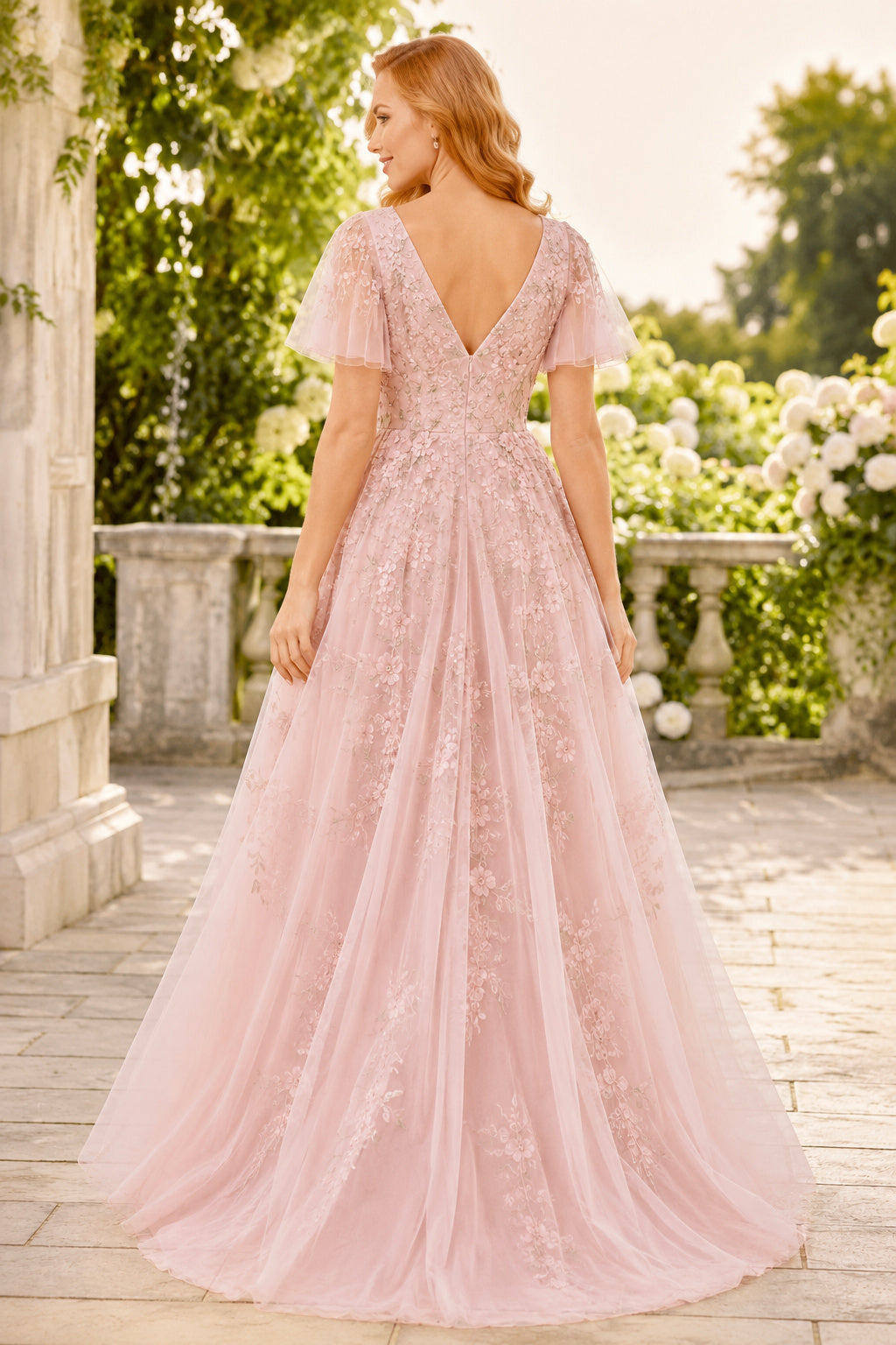 Blushing Pink Short Sleeve Lace Tulle A-Line Formal Dress with V-Neck back view