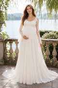 Ivory Long Sleeve Lace Maternity Wedding Dress with Scoop Neck and Train front view
