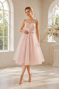 Blushing Pink High Neck Tea-Length Wedding Dress with Lace Bodice front view