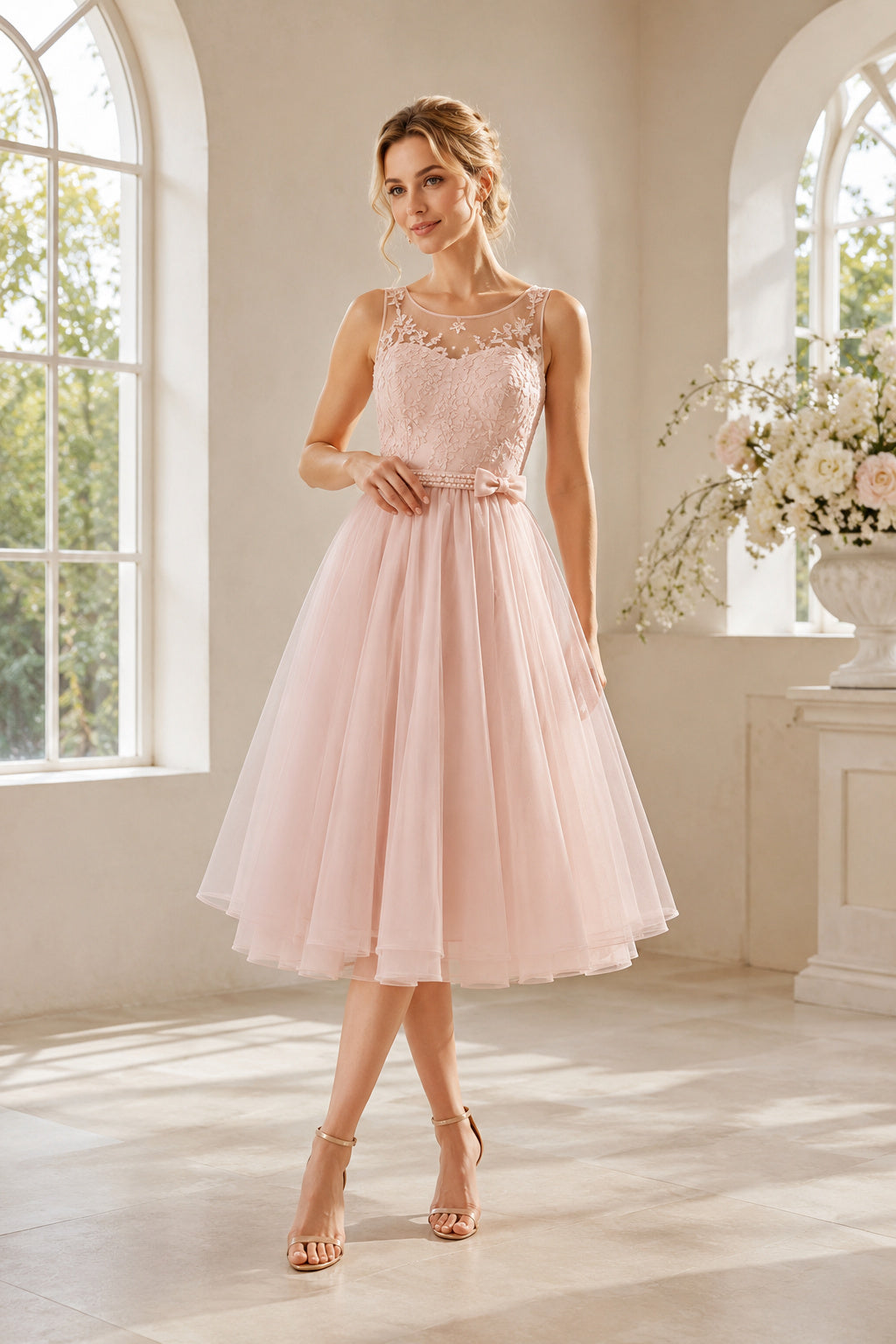 Blushing Pink High Neck Tea-Length Wedding Dress with Lace Bodice front view