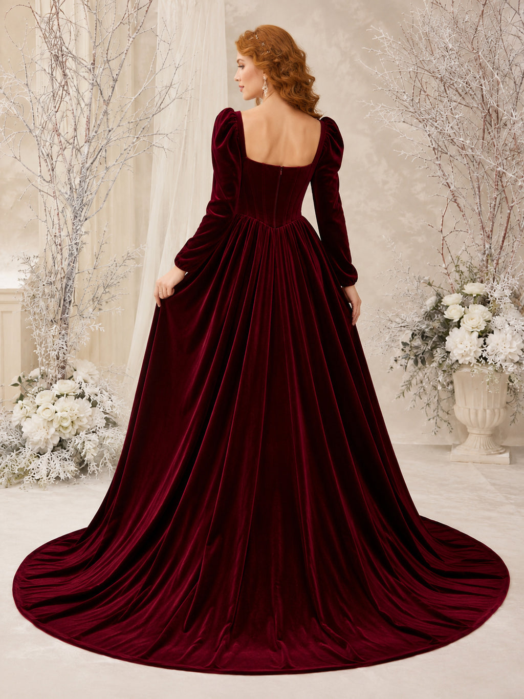Burgundy Square Neck Puff Sleeve Velvet Ball Gown Wedding Dress back view