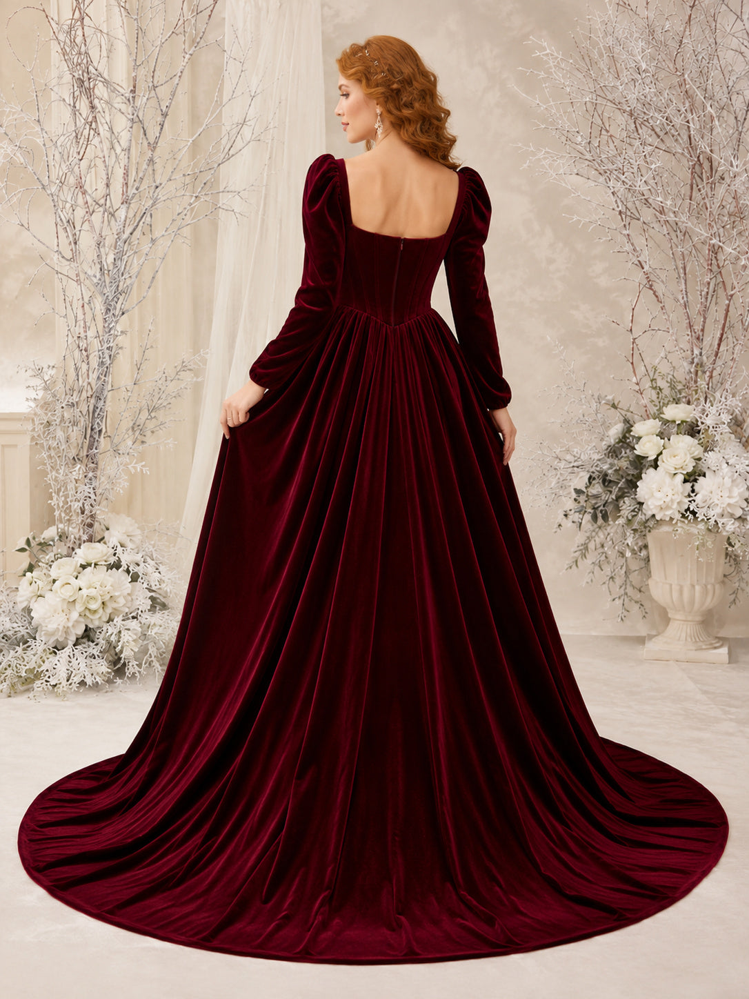 Burgundy Square Neck Puff Sleeve Velvet Ball Gown Wedding Dress back view