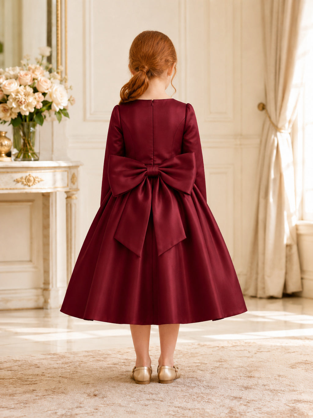 Burgundy Long Sleeve Floral Bow Satin A-Line Flower Girl Dress with Tea-Length Skirt back view