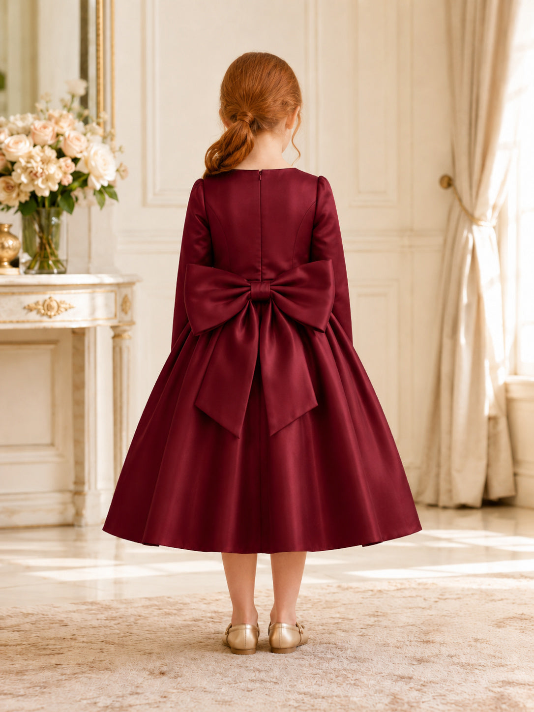 Burgundy Long Sleeve Floral Bow Satin A-Line Flower Girl Dress with Tea-Length Skirt back view