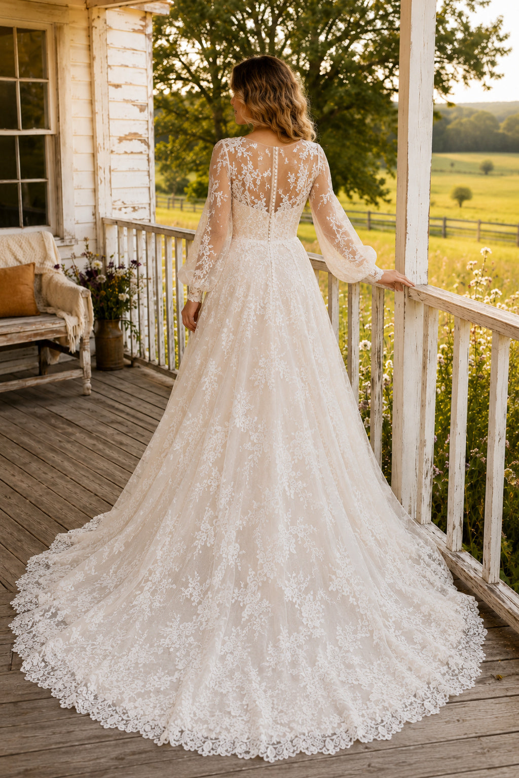 Ivory Plus Size V-Neck Long Sleeve Lace A-Line Wedding Dress with Dense Applique Train back view