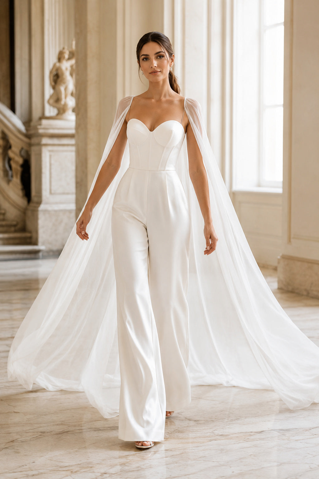 White Strapless Bridal Jumpsuit with Sheer Cape Train front view