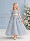 Steel Blue Floral Organza Jewel Neck Petal Sleeve Bow-Back Ankle-Length A-Line Flower Girl Dress front view