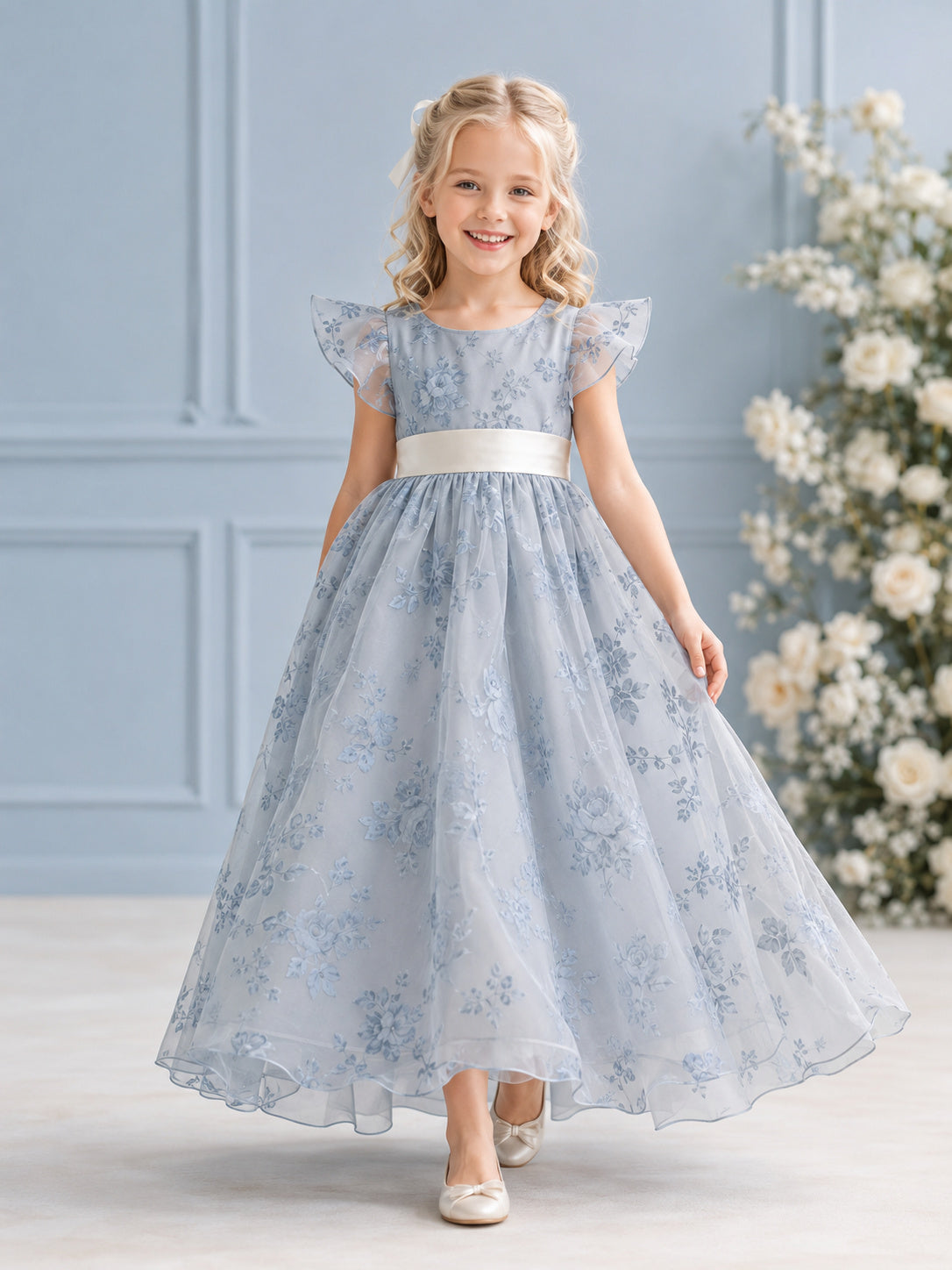 Steel Blue Floral Organza Jewel Neck Petal Sleeve Bow-Back Ankle-Length A-Line Flower Girl Dress front view