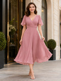 Modern City Dusty Rose V-Neck Chiffon A-Line Tea-Length Flutter Sleeve Dress front view