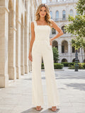 Minimal Ivory Satin Formal Jumpsuit Floor Length Square Strap Wide Leg Outfit front view