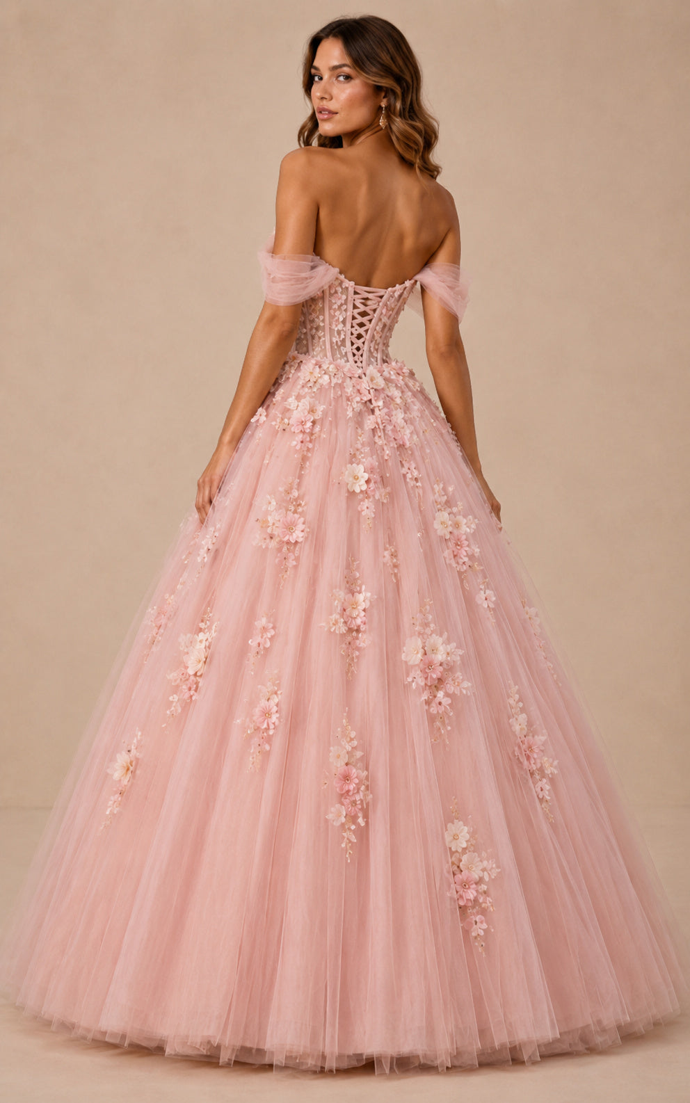 Blush Pink Tulle Ball Gown Prom Dress Off Shoulder 3D Floral Applique back view