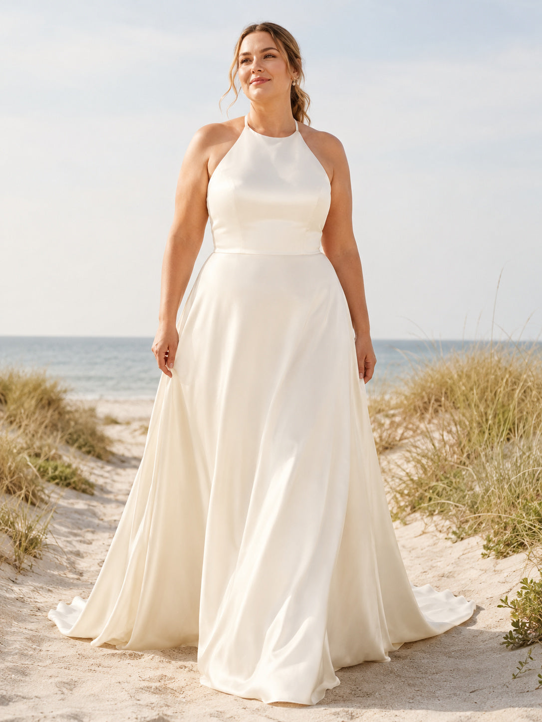 Plus Size Beach Chiffon Wedding Dress A-Line Halter Sleeveless Chapel Train Strappy Back Bridal Gown front view