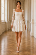Ivory Square Neck Long Sleeve Lace Mini Wedding Dress with Scalloped Hem for Court Reception front view