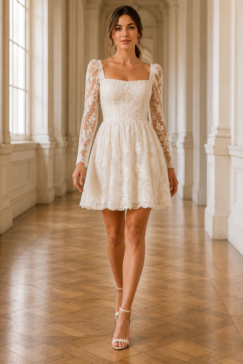 Ivory Square Neck Long Sleeve Lace Mini Wedding Dress with Scalloped Hem for Court Reception front view