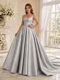 Silver Strapless Satin Ball Gown Back Bow Luxury Wedding Dress front view