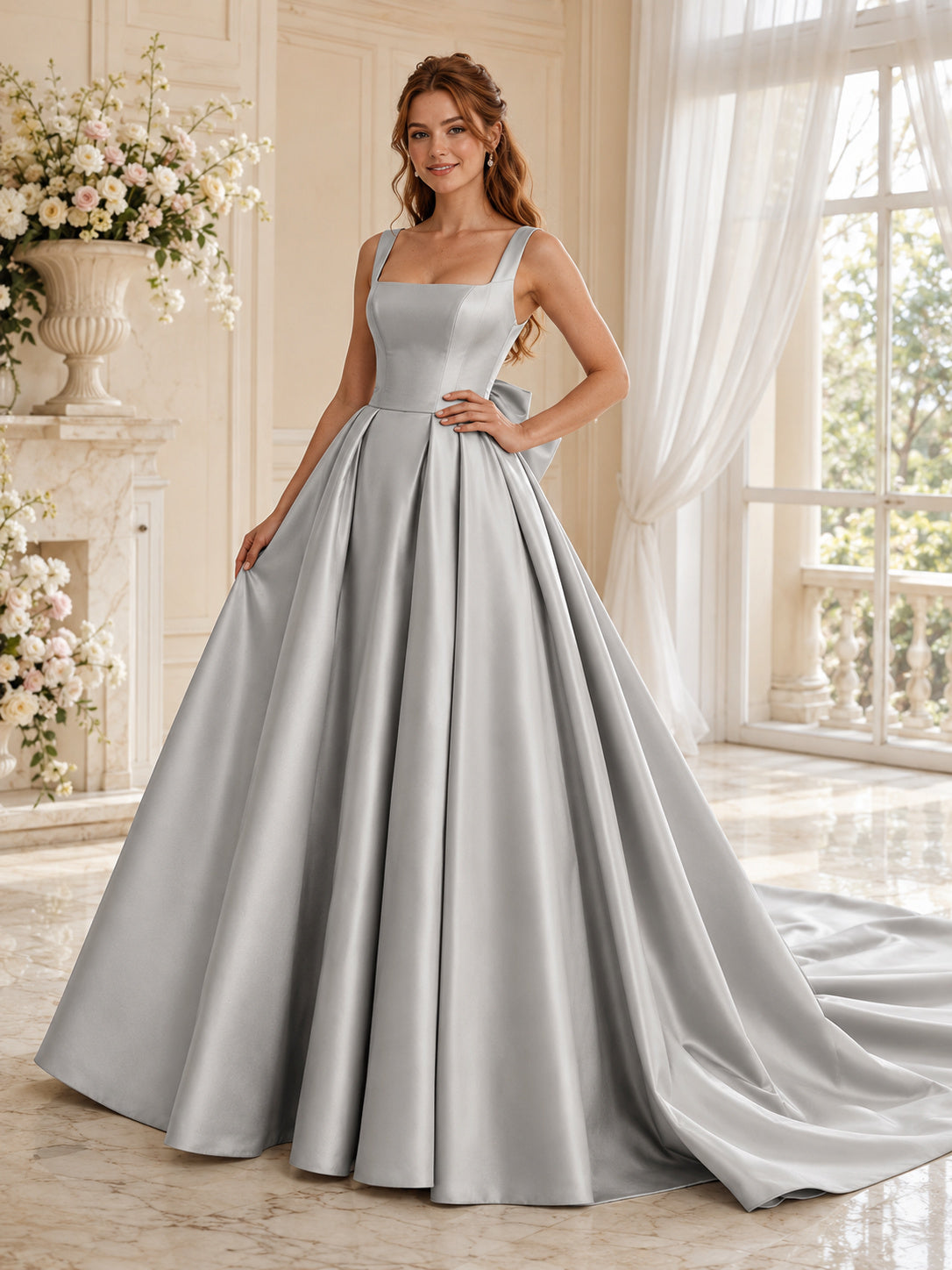 Silver Strapless Satin Ball Gown Back Bow Luxury Wedding Dress front view