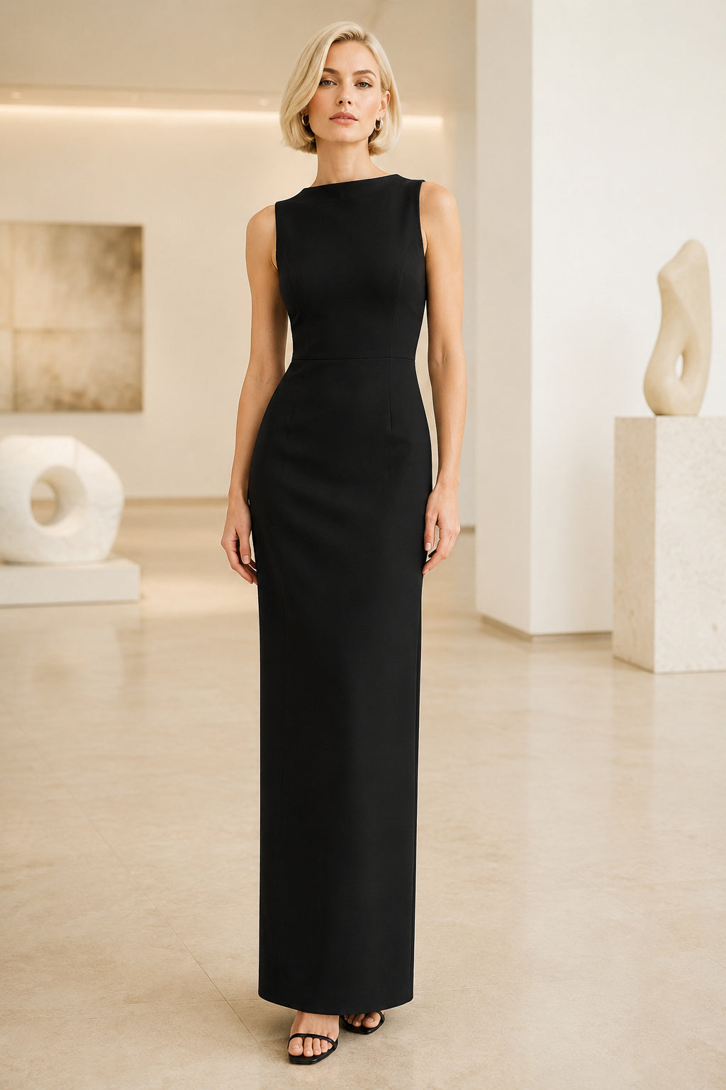Black High Neck Sleeveless Sheath Guest Dress with Floor Skirt front view