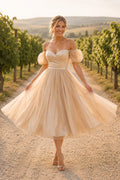 Champagne Off Shoulder Puff Sleeve Bodice with Tea Length Tulle Skirt Tea Length A-Line Homecoming Dress front view