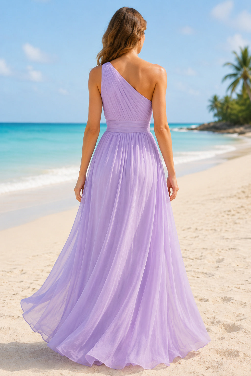 Lavender One-Shoulder Chiffon A-Line Beach Bridesmaid Dress with Flowing Floor Skirt back view