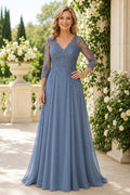 Steel Blue V-Neck Mother Dress with Illusion Lace Sleeves and Chiffon A-Line Skirt front view
