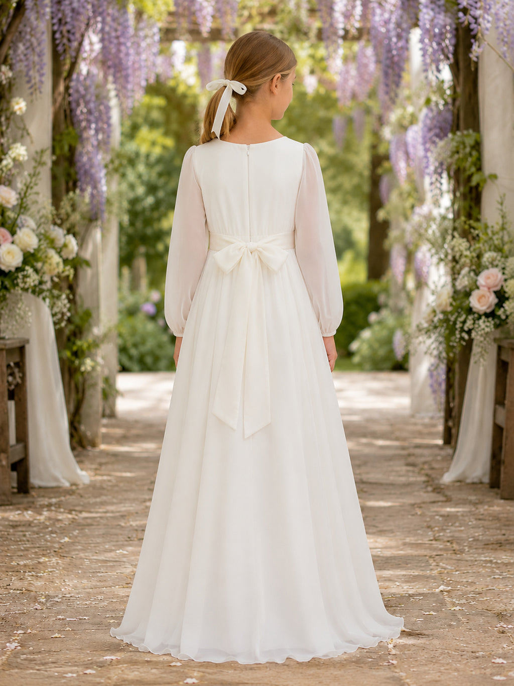 White Bow Back Chiffon A-Line Flower Girl Dress with Jewel Neck, Long Sleeve, and Floor-length Skirt back view