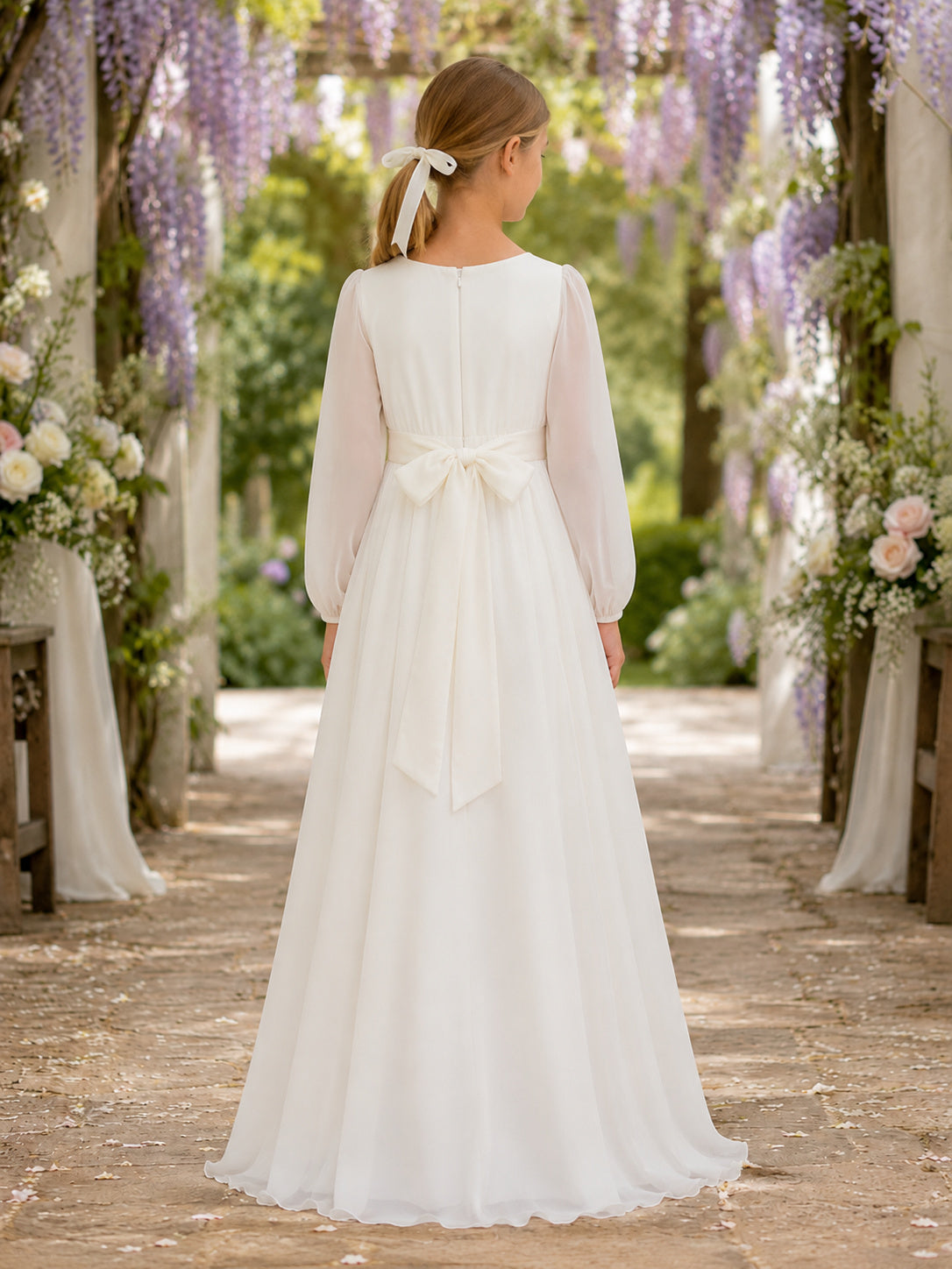 White Bow Back Chiffon A-Line Flower Girl Dress with Jewel Neck, Long Sleeve, and Floor-length Skirt back view