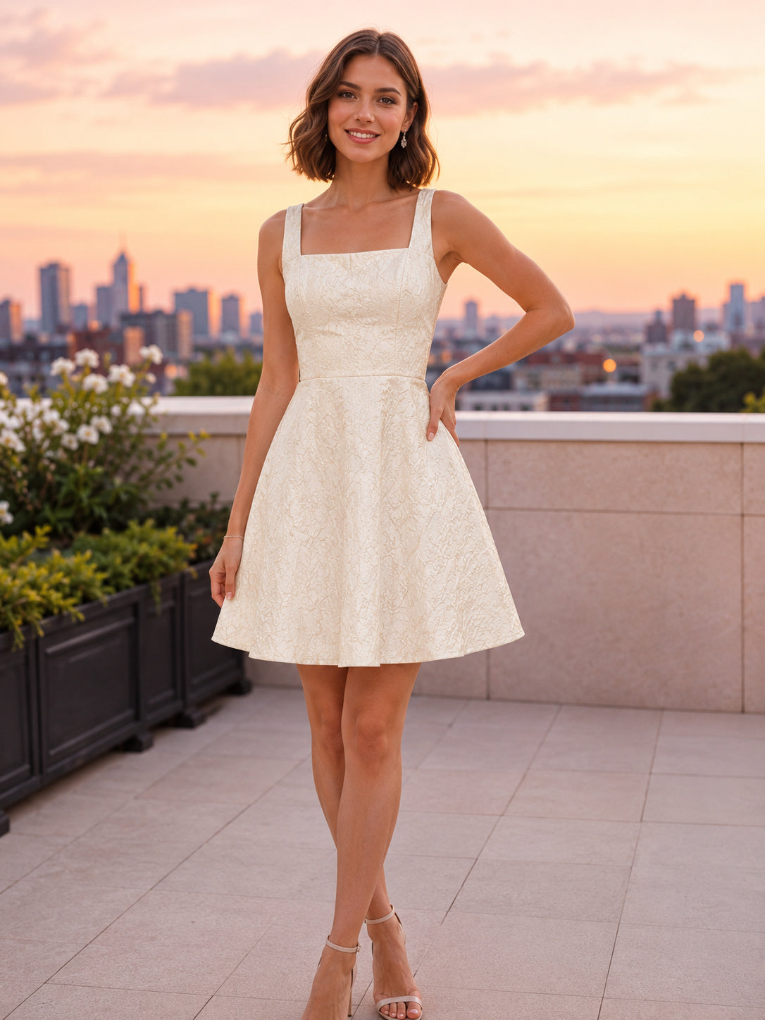 Champagne Square Neck Jacquard Graduation Party Dress front view