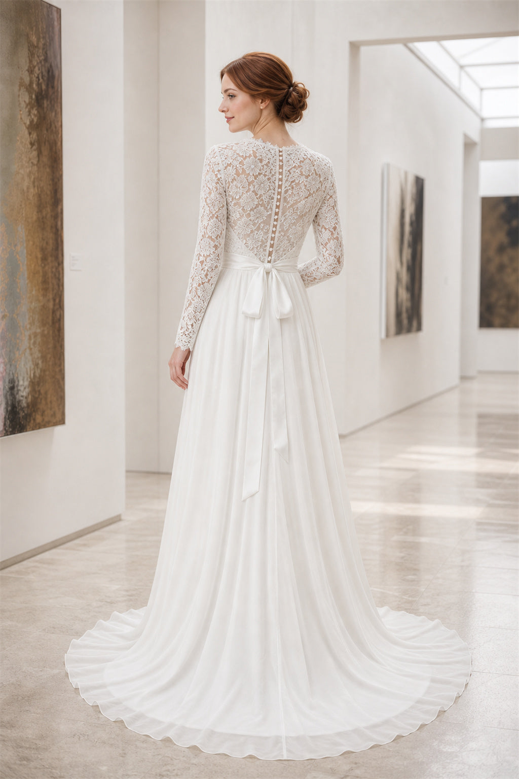 White Off-the-shoulder Flutter Sleeves A-Line Chiffon Floor-length Wedding Dress With Beaded Bodice and Pleated Skirt and Open Back