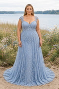 Plus Size Steel Blue V-Neck Sleeveless Lace Tulle A-Line Evening Dress with Blue Lace Overlay and Floor-Length Skirt front vi