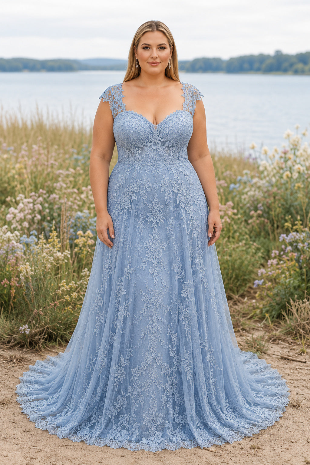 Plus Size Steel Blue V-Neck Sleeveless Lace Tulle A-Line Evening Dress with Blue Lace Overlay and Floor-Length Skirt front vi