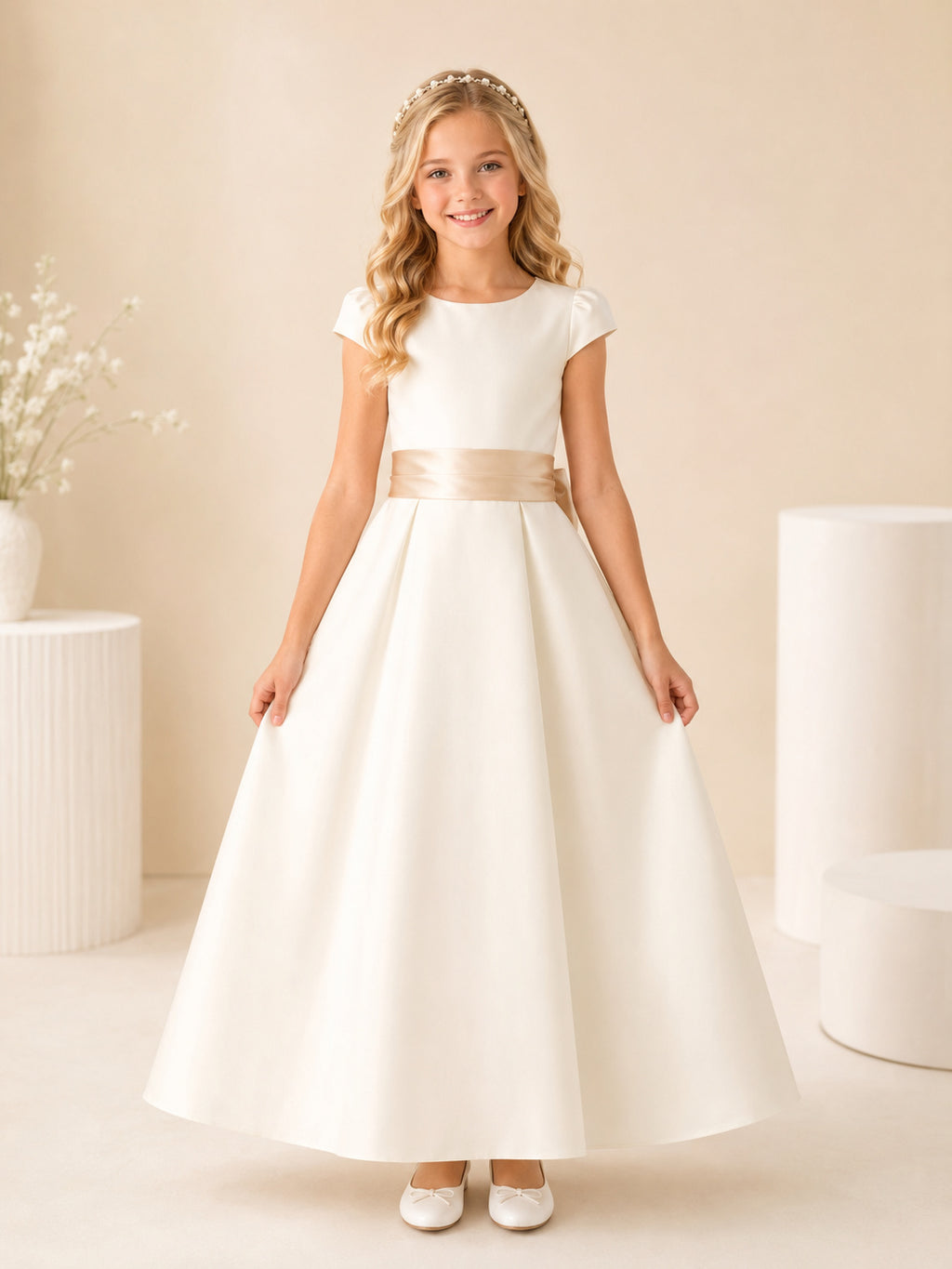 Simple Jewel Neck Cap Sleeve Satin Floor Length Communion Dress front view