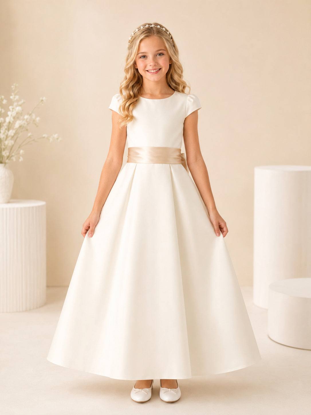 Simple Jewel Neck Cap Sleeve Satin Floor Length Communion Dress front view