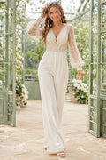 Ivory V-Neck Bishop Sleeve Lace Satin Floor-Length Bridal Jumpsuit with Bishop Lace Sleeves and Wide Leg Pants front view