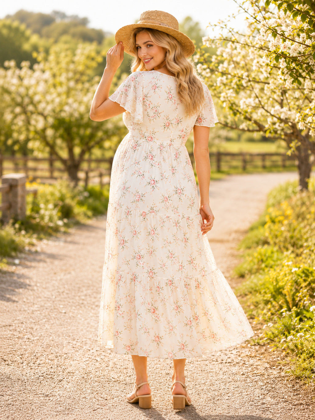 Cream Floral Maternity V Neck Flutter Sleeve Empire Chiffon Ankle Length Country Dress back view