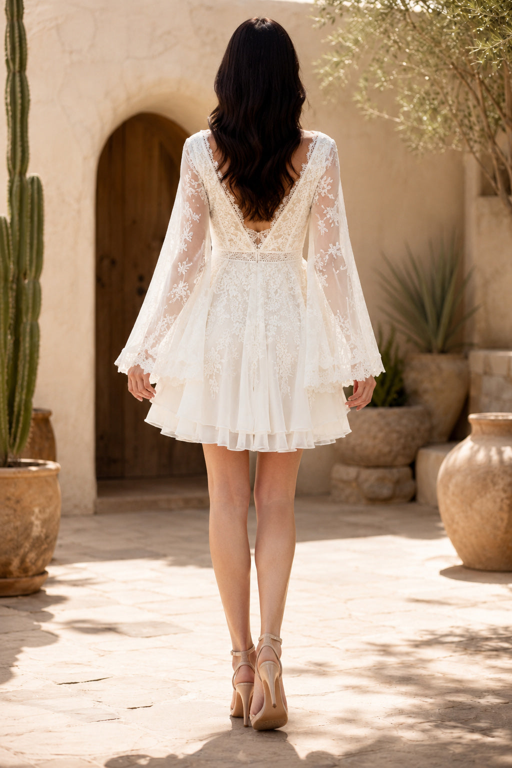 Ivory V-Neck Lace Mini Wedding Dress with Long Bell Sleeves and Low-V Back for Beach Reception back view