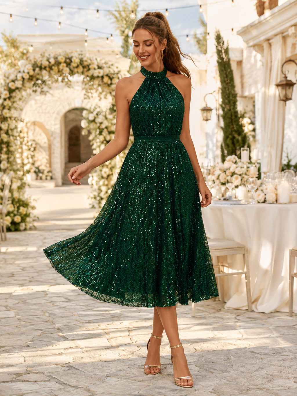 Dark Green Halter Keyhole Sequin A Line Tea Guest Dress front view