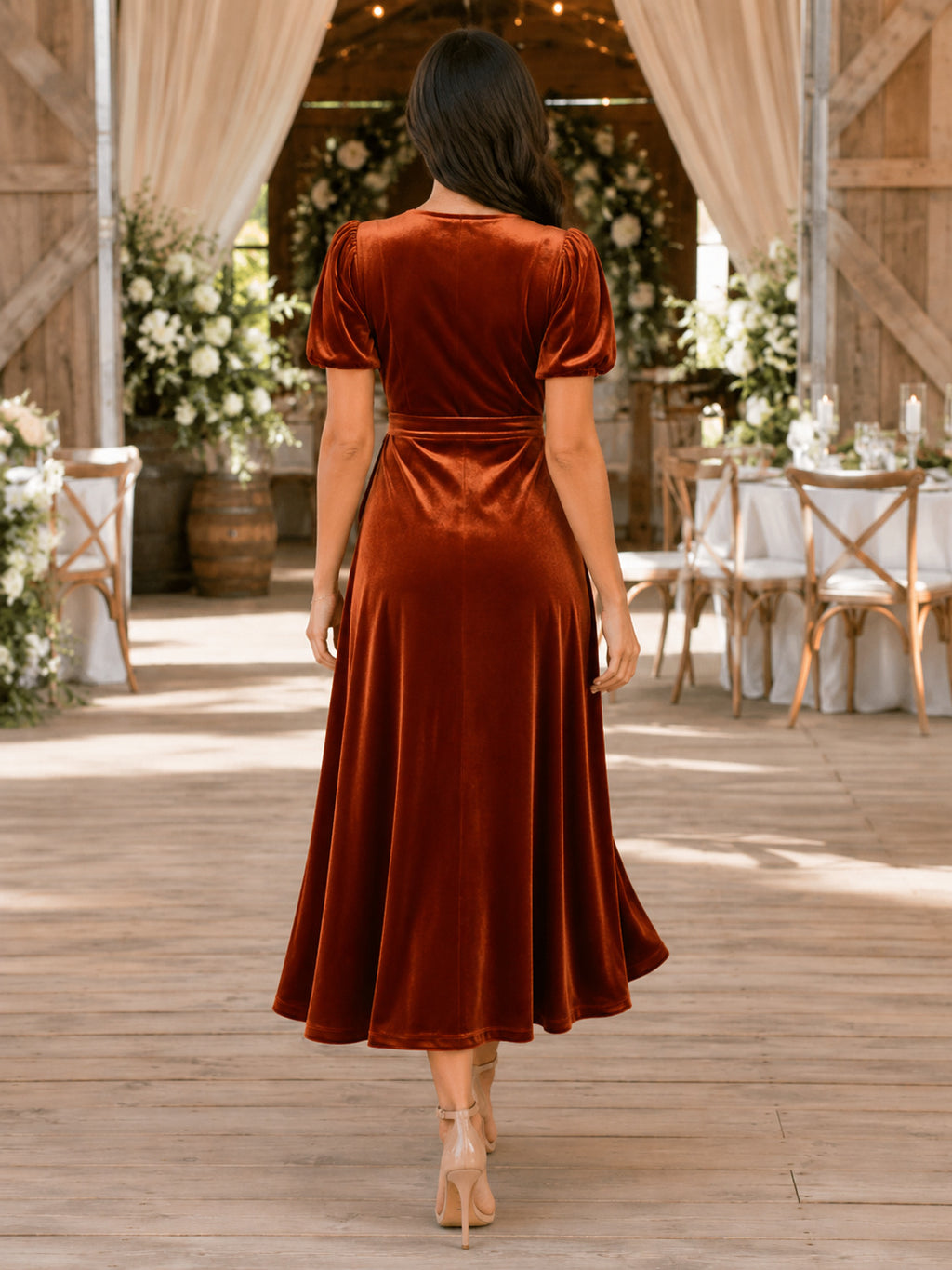 Orange V-Neck Puff Sleeve Velvet Wrap High-Low Wedding Guest Dress back view