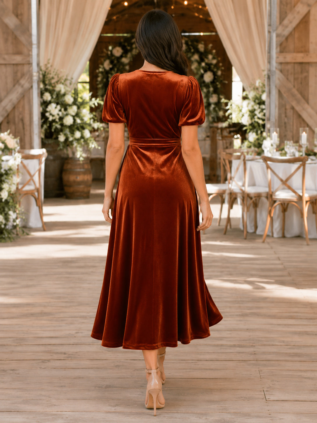 Orange V-Neck Puff Sleeve Velvet Wrap High-Low Wedding Guest Dress back view