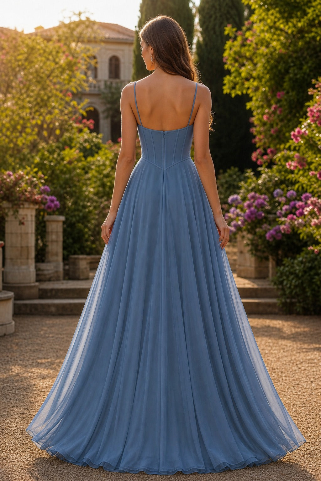 Dusty Blue Strapless Floor-Length Tulle A-Line Dress