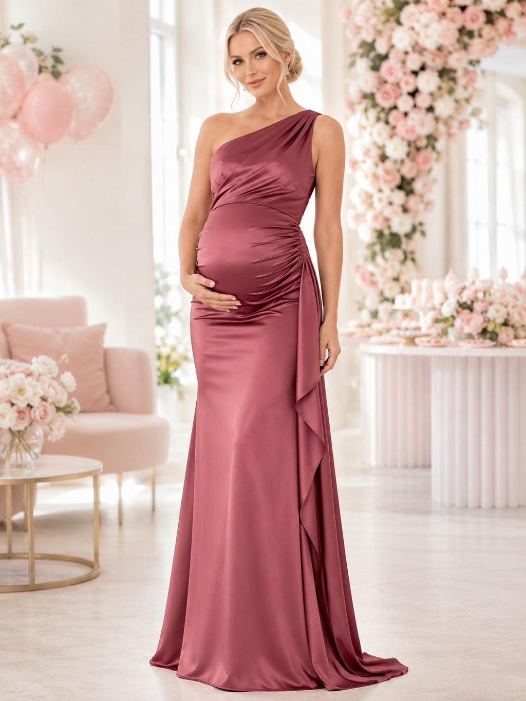 Dusty Rose Maternity Baby Girl Shower One-Shoulder Satin Mermaid Ruffle Gown front view