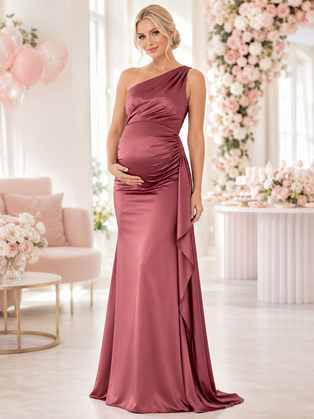 Dusty Rose Maternity Baby Girl Shower One-Shoulder Satin Mermaid Ruffle Gown front view