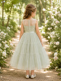 Sage Tiered Bow Tulle A-Line Flower Girl Dress with Tea-Length Skirt back view