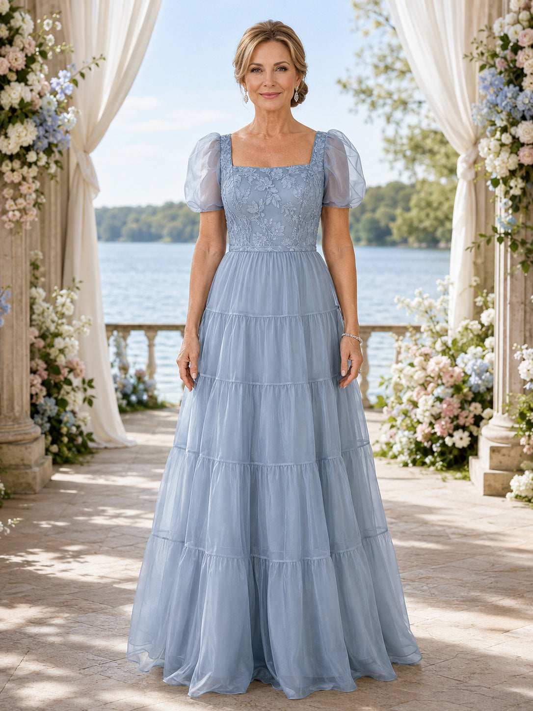 Steel Blue Vintage Square-Neck Short Puff-Sleeve Tiered Organza A-Line Floor-Length Spring Mother of the Bride Gown front vie