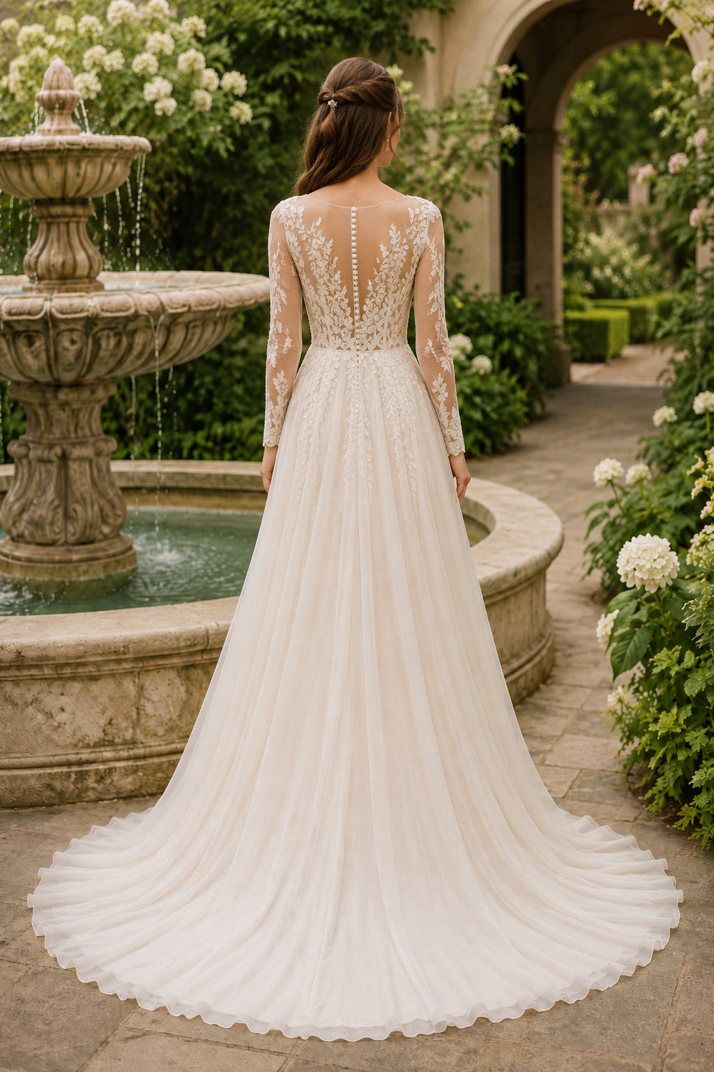 Ivory Square Neck Long Sleeve Lace A-Line Wedding Dress with Illusion Back and Train back view