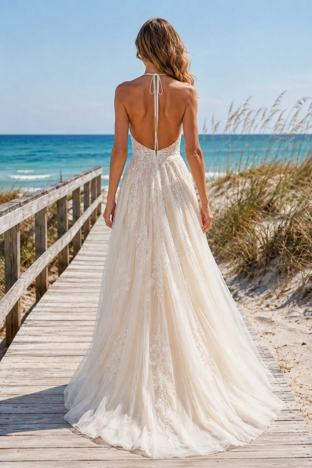 Ivory Halter Keyhole Lace Tulle A-Line Wedding Dress Split Front for Bridal Ceremony and Reception back view